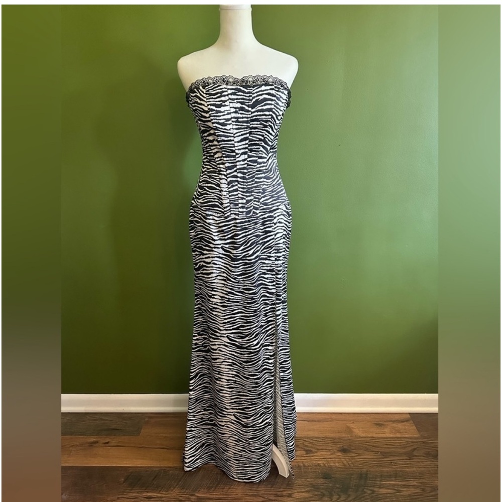 Nicole Bakti Zebra Corset Slit Front Maxi Dress Gown